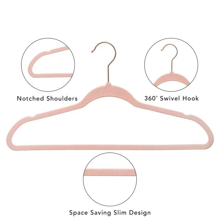100 Pieces Pink Velvet Non-Slip Hangers with 360 Degree Swivel